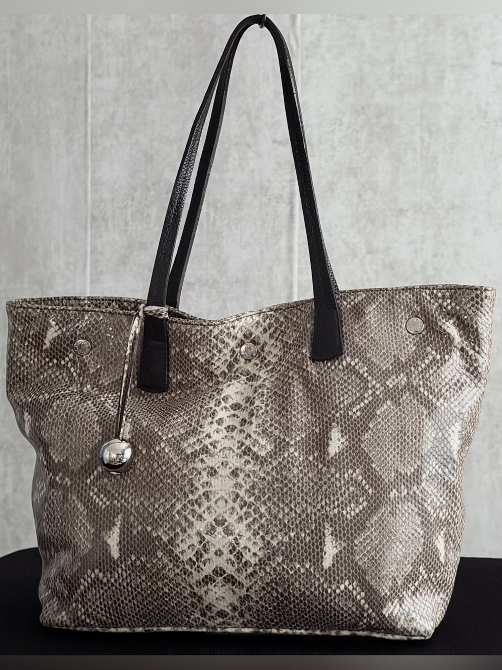 FURLA Python Snake Embossed Gray Leather Tote Shoulder Bag Logo Charm Italy